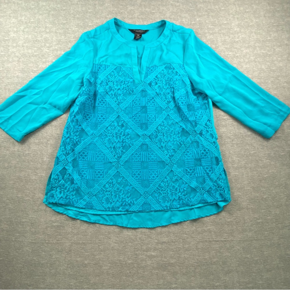 Investments Petite Womens Blue Diamond Shaped 3/4‎ Sleeve Blouse Size PM